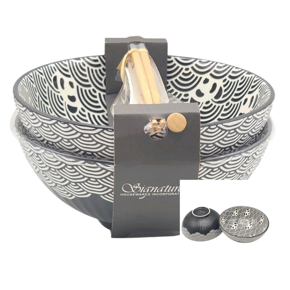 Signature Black Seigahia Panda Ceramic Ramen Noodle Bowl 2 Set Chopsticks Spoons